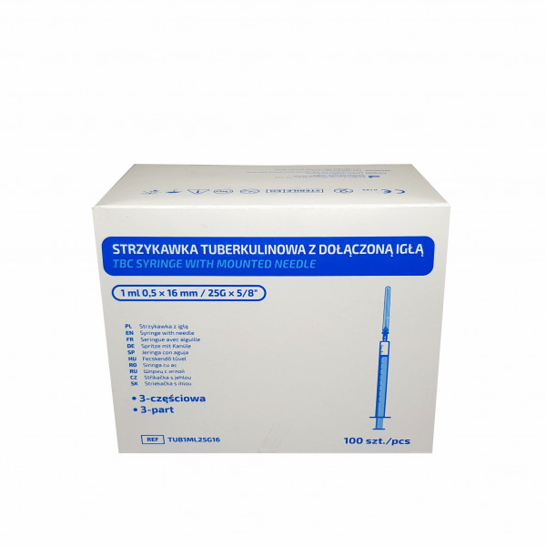 Tuberkulínová stříkačka s jehlou 29G, 1 ml, 100 ks Tuberkulínová stříkačka s jehlou 29G, 1 ml, 100 ks
